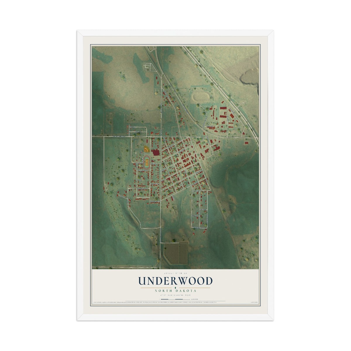 Map of Underwood, North Dakota, 12 x 18 inch print in a white wood frame