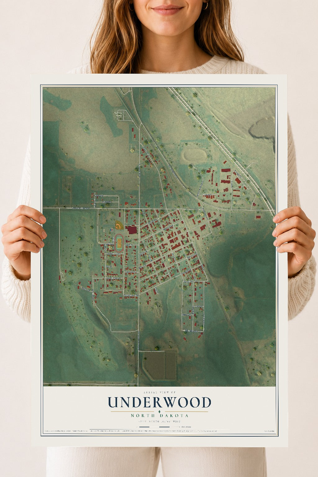 Map of Underwood, North Dakota, 18 x 24 inch unframed archival matte print