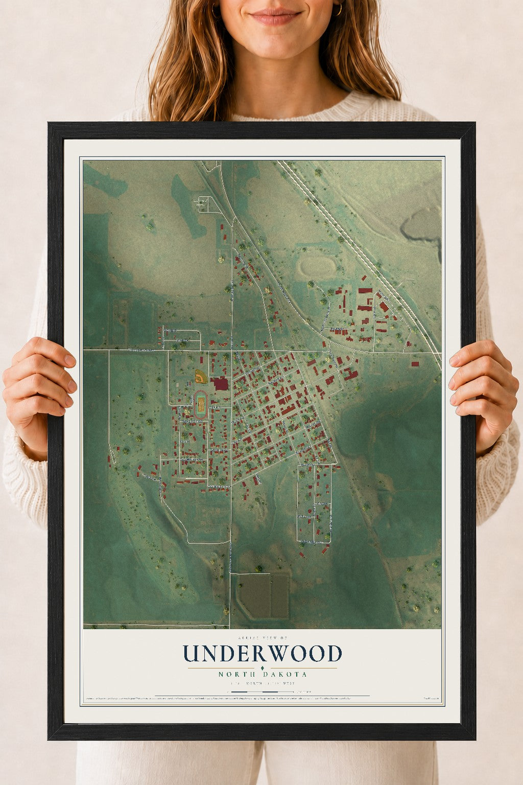 Map of Underwood, North Dakota, 18 x 24 inch print in a black wood frame