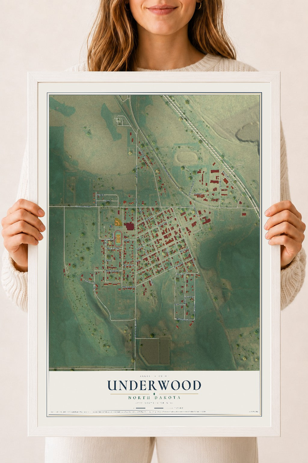 Map of Underwood, North Dakota, 18 x 24 inch print in a white wood frame