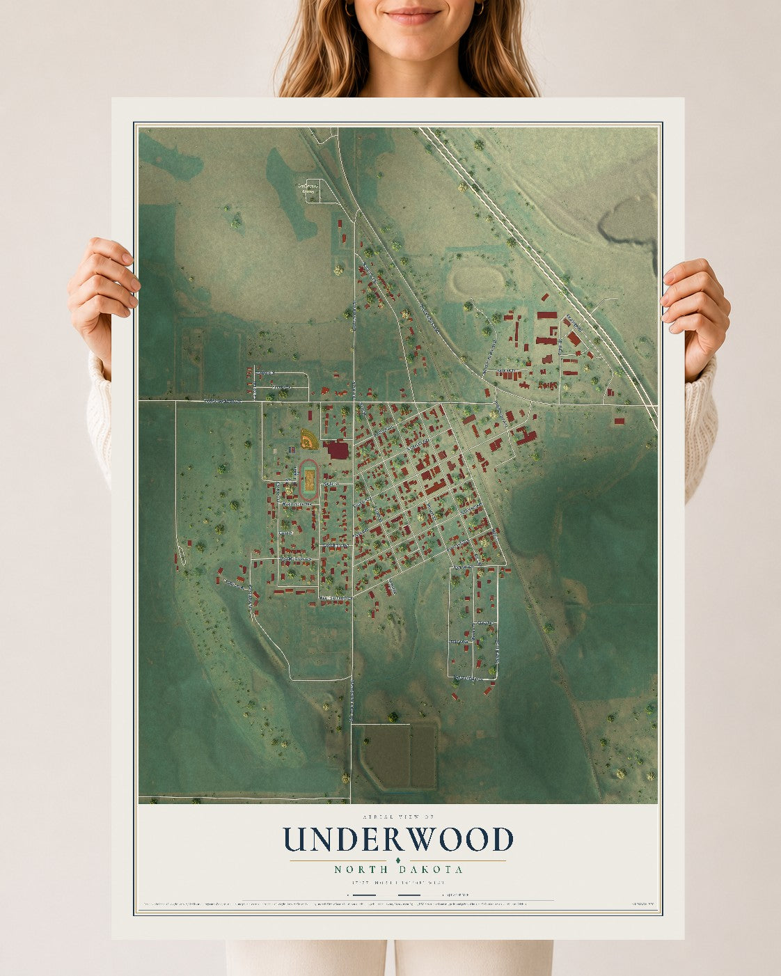 Map of Underwood, North Dakota, 24 x 36 inch unframed archival matte print