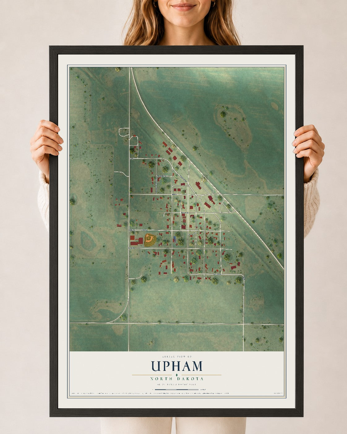 Map of Upham, North Dakota, 24 x 36 inch print in a black wood frame