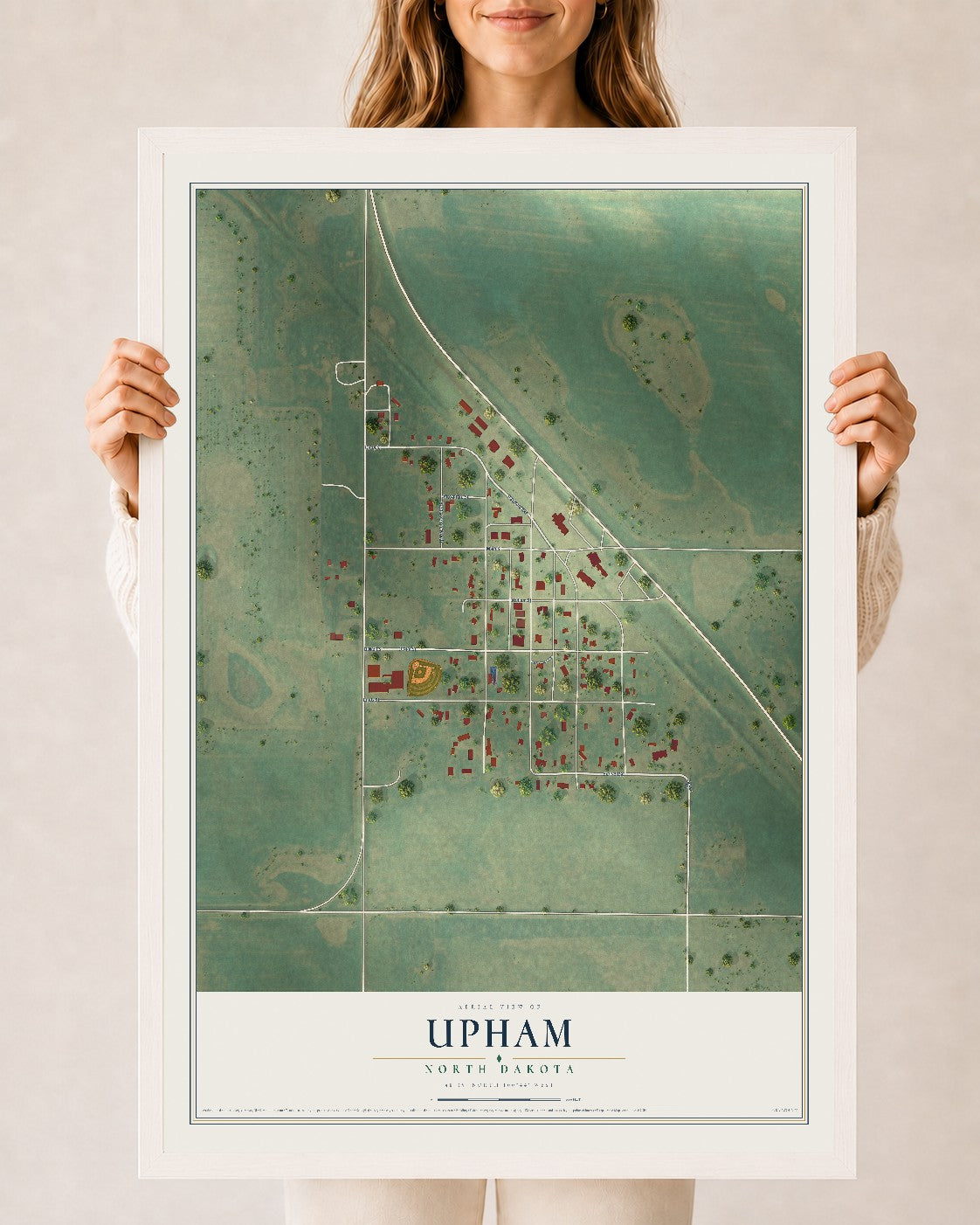 Map of Upham, North Dakota, 24 x 36 inch print in a white wood frame