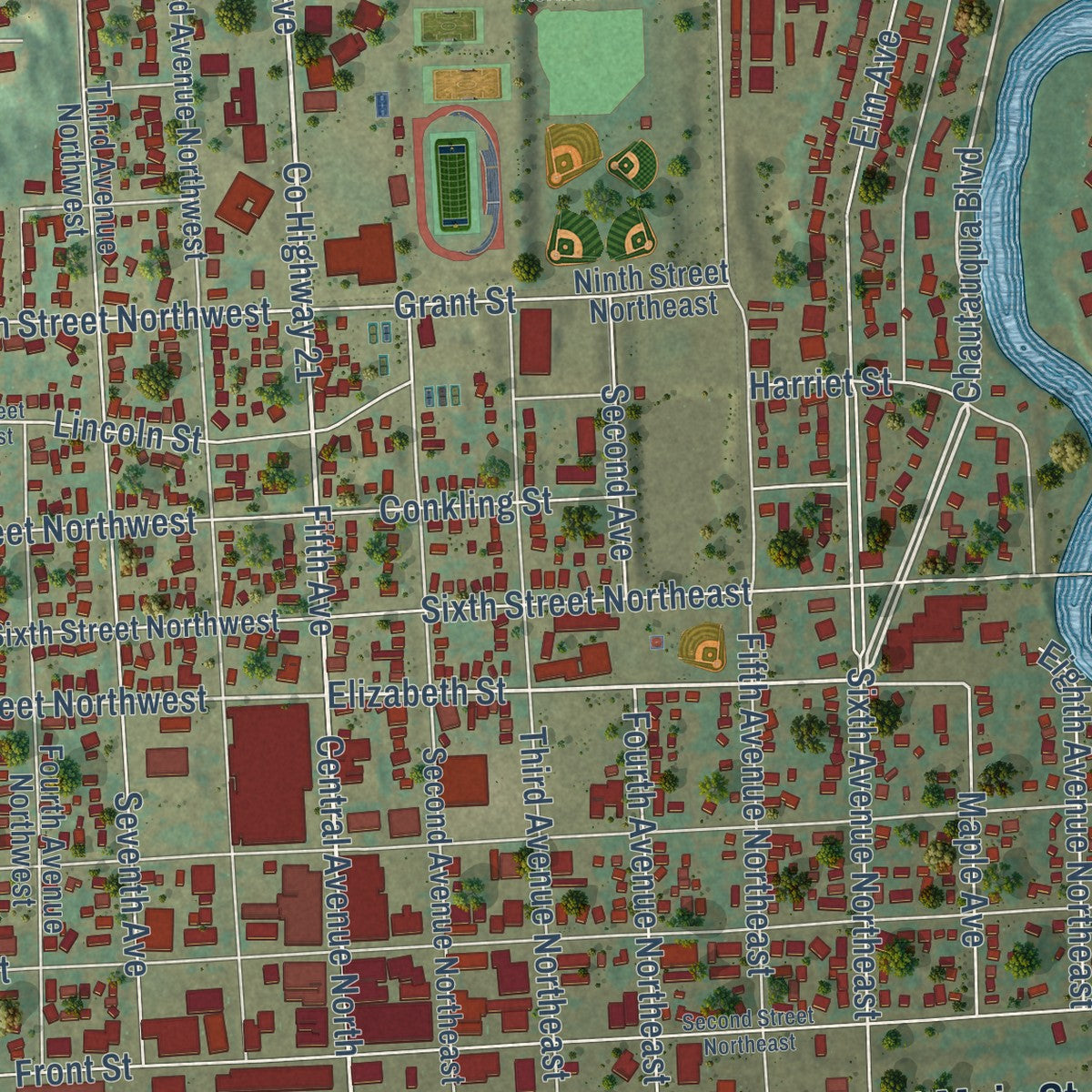 Close-up of the map of Valley City, North Dakota print showing street and building detail
