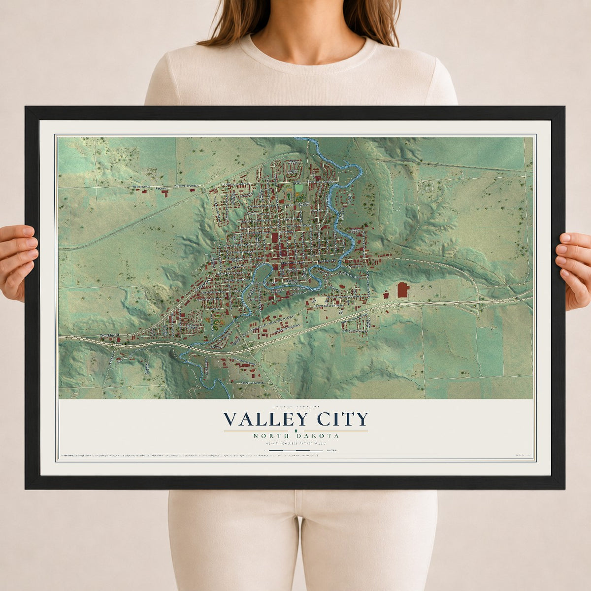 Map of Valley City, North Dakota, 18 x 24 inch print in a black wood frame
