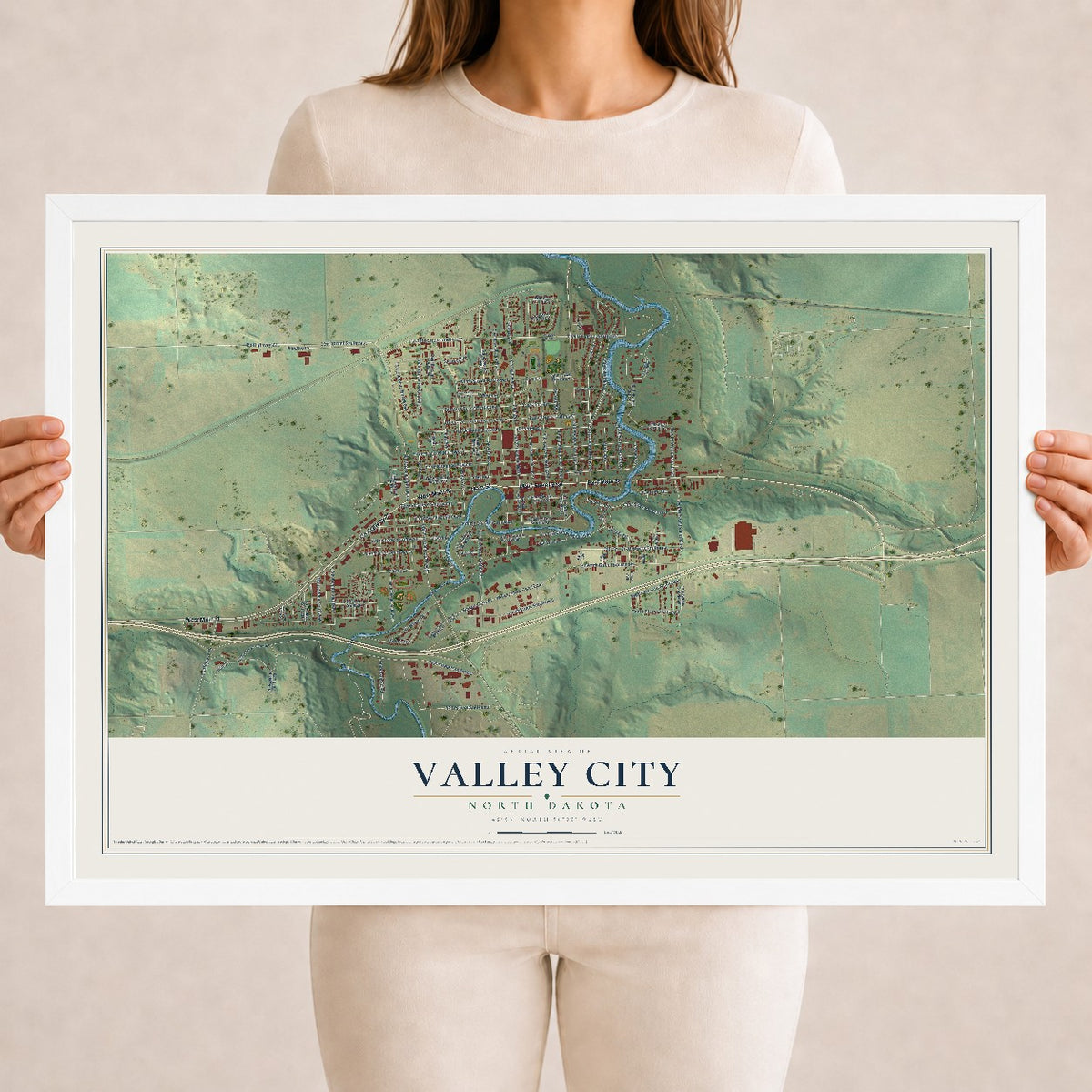 Map of Valley City, North Dakota, 18 x 24 inch print in a white wood frame