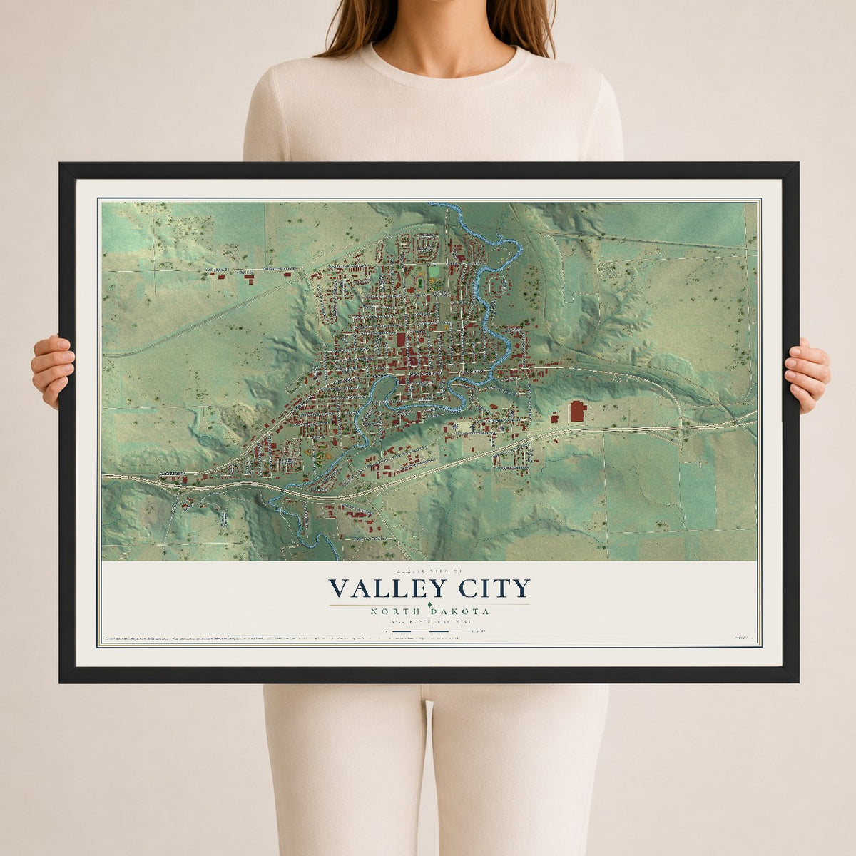 Map of Valley City, North Dakota, 24 x 36 inch print in a black wood frame