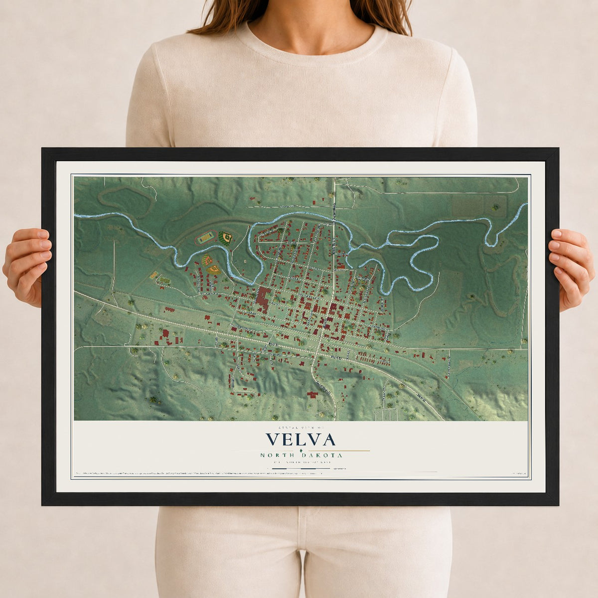 Map of Velva, North Dakota, 12 x 18 inch print in a black wood frame