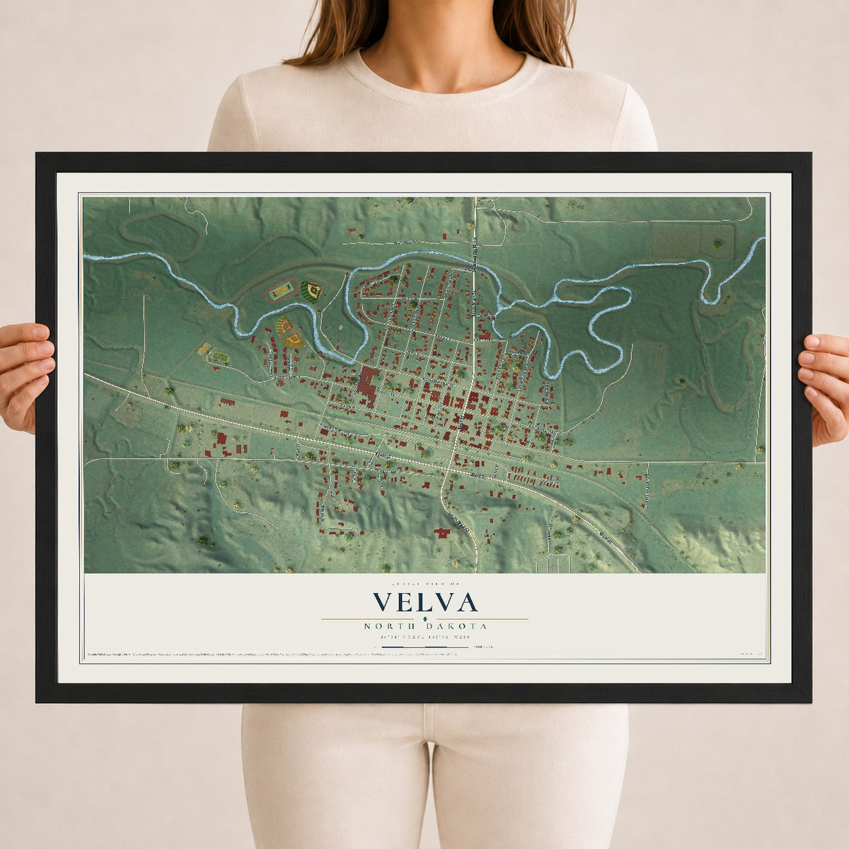 Map of Velva, North Dakota, 18 x 24 inch print in a black wood frame
