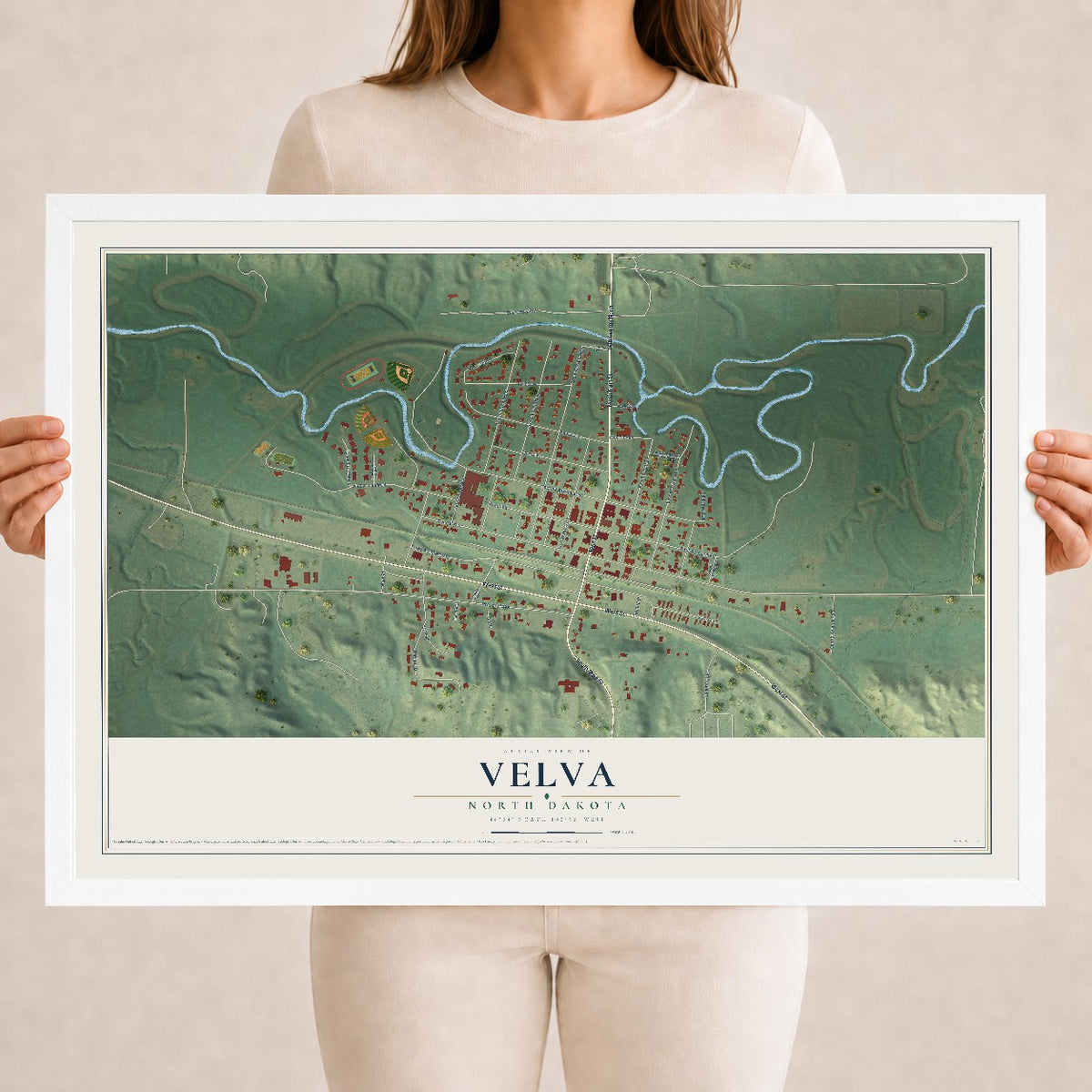 Map of Velva, North Dakota, 18 x 24 inch print in a white wood frame
