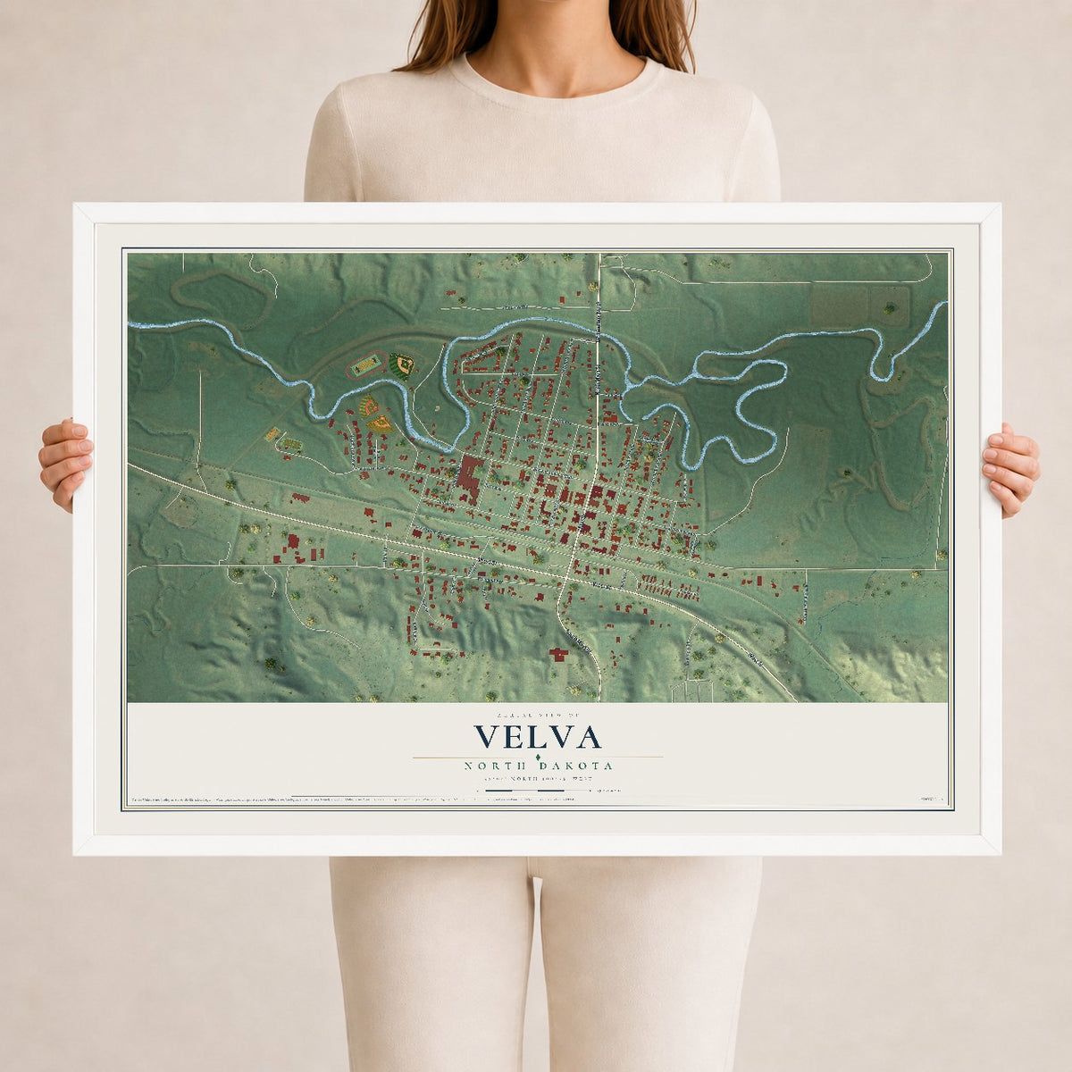 Map of Velva, North Dakota, 24 x 36 inch print in a white wood frame