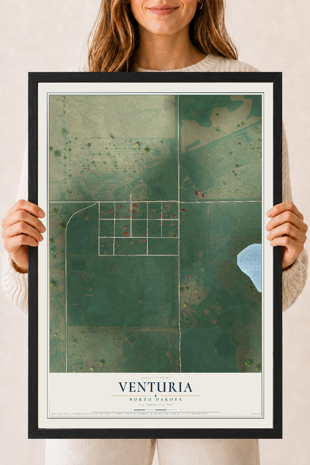 Map of Venturia, North Dakota, 18 x 24 inch print in a black wood frame