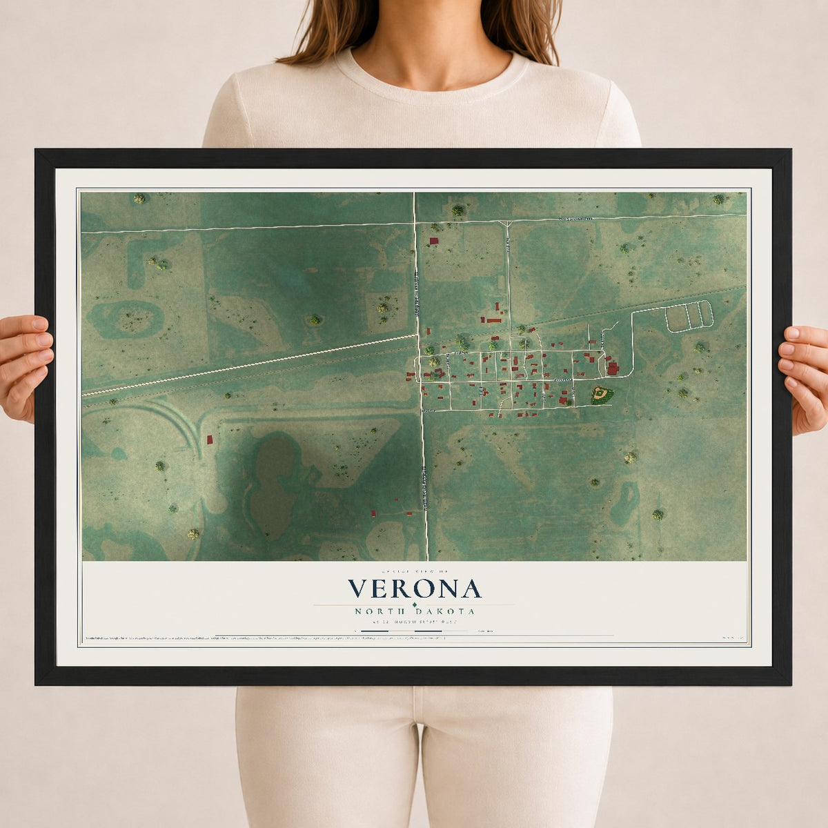 Map of Verona, North Dakota, 18 x 24 inch print in a black wood frame