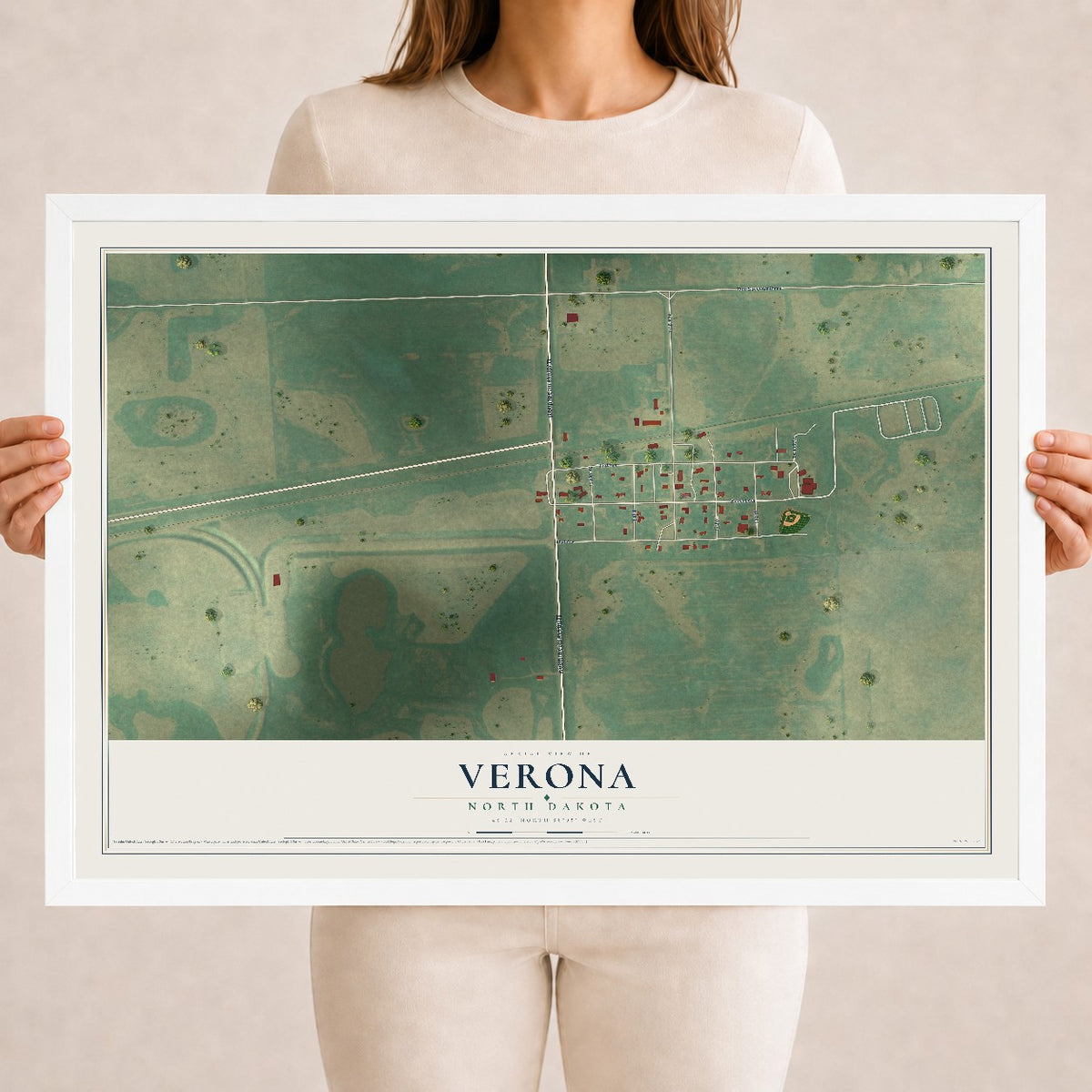 Map of Verona, North Dakota, 18 x 24 inch print in a white wood frame