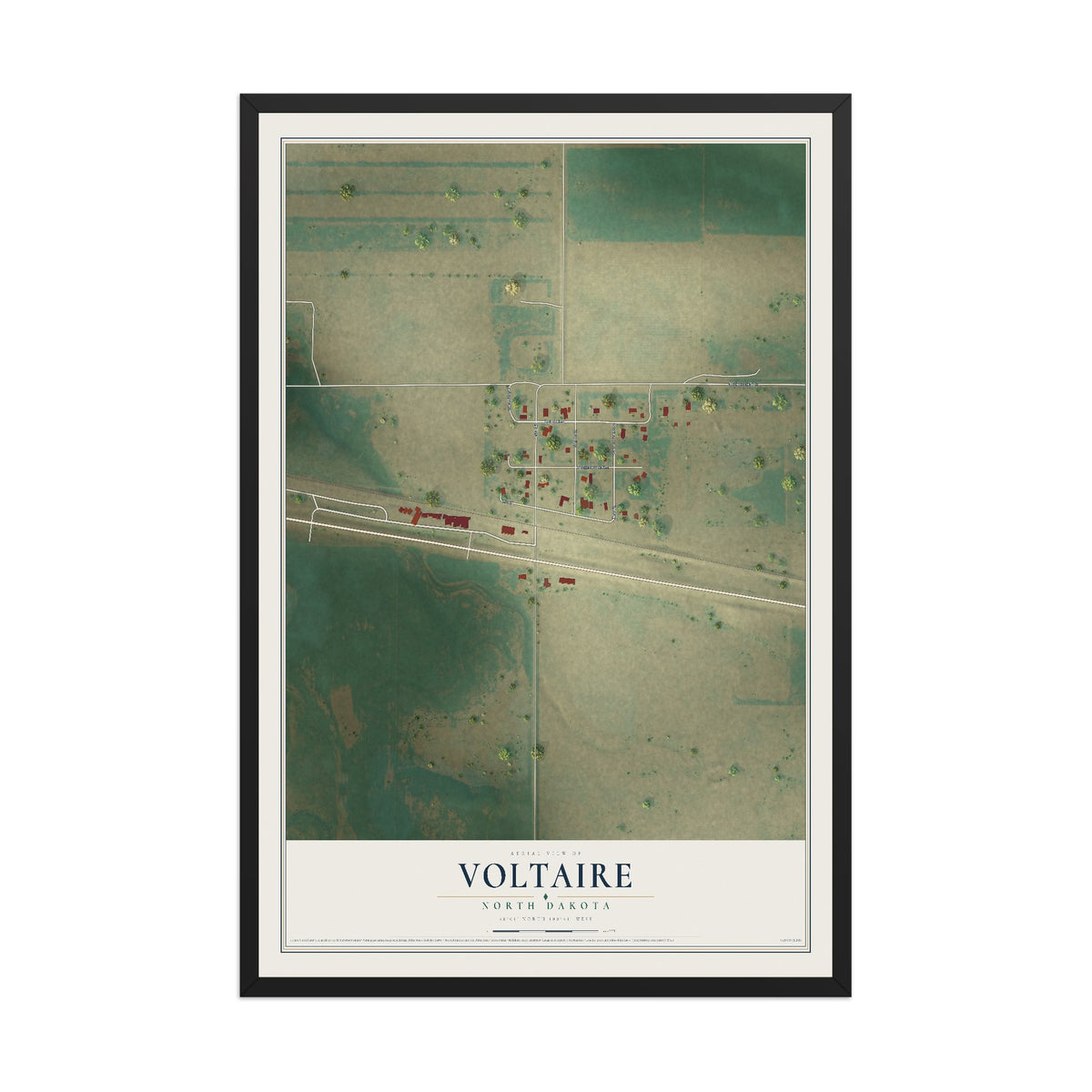Map of Voltaire, North Dakota, 12 x 18 inch print in a black wood frame
