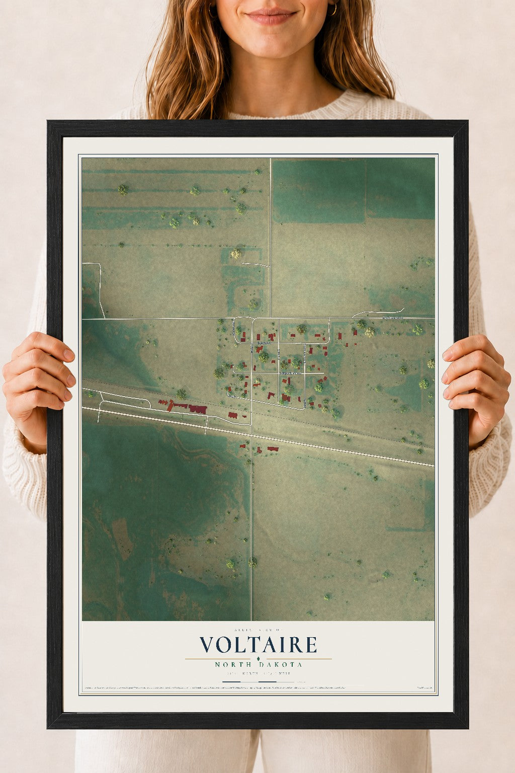 Map of Voltaire, North Dakota, 18 x 24 inch print in a black wood frame
