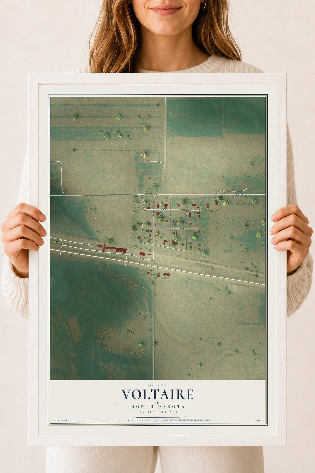 Map of Voltaire, North Dakota, 18 x 24 inch print in a white wood frame