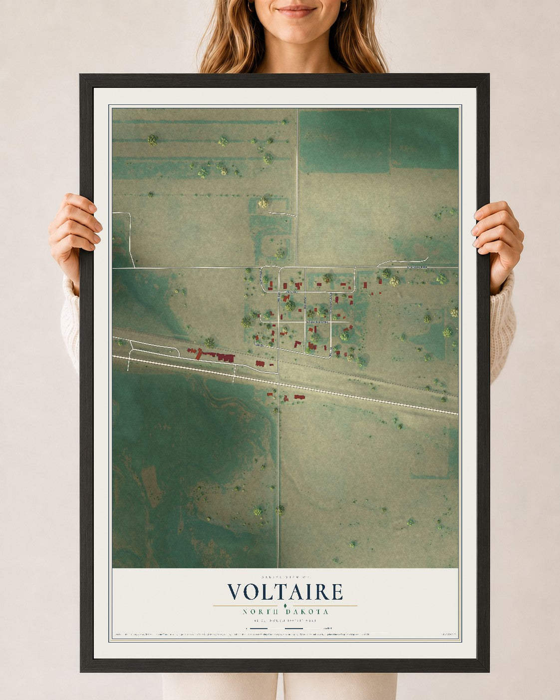 Map of Voltaire, North Dakota, 24 x 36 inch print in a black wood frame