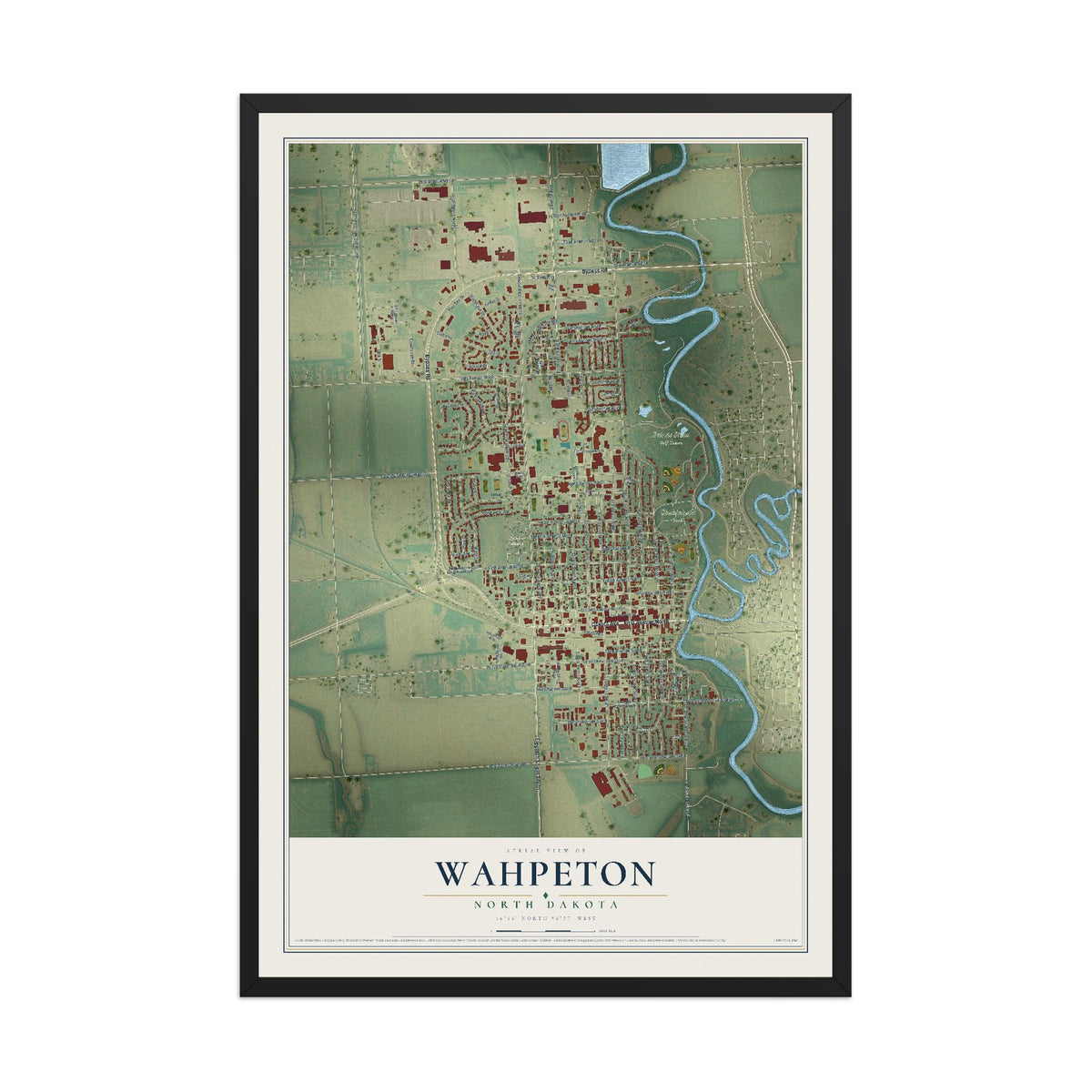 Map of Wahpeton, North Dakota, 12 x 18 inch print in a black wood frame