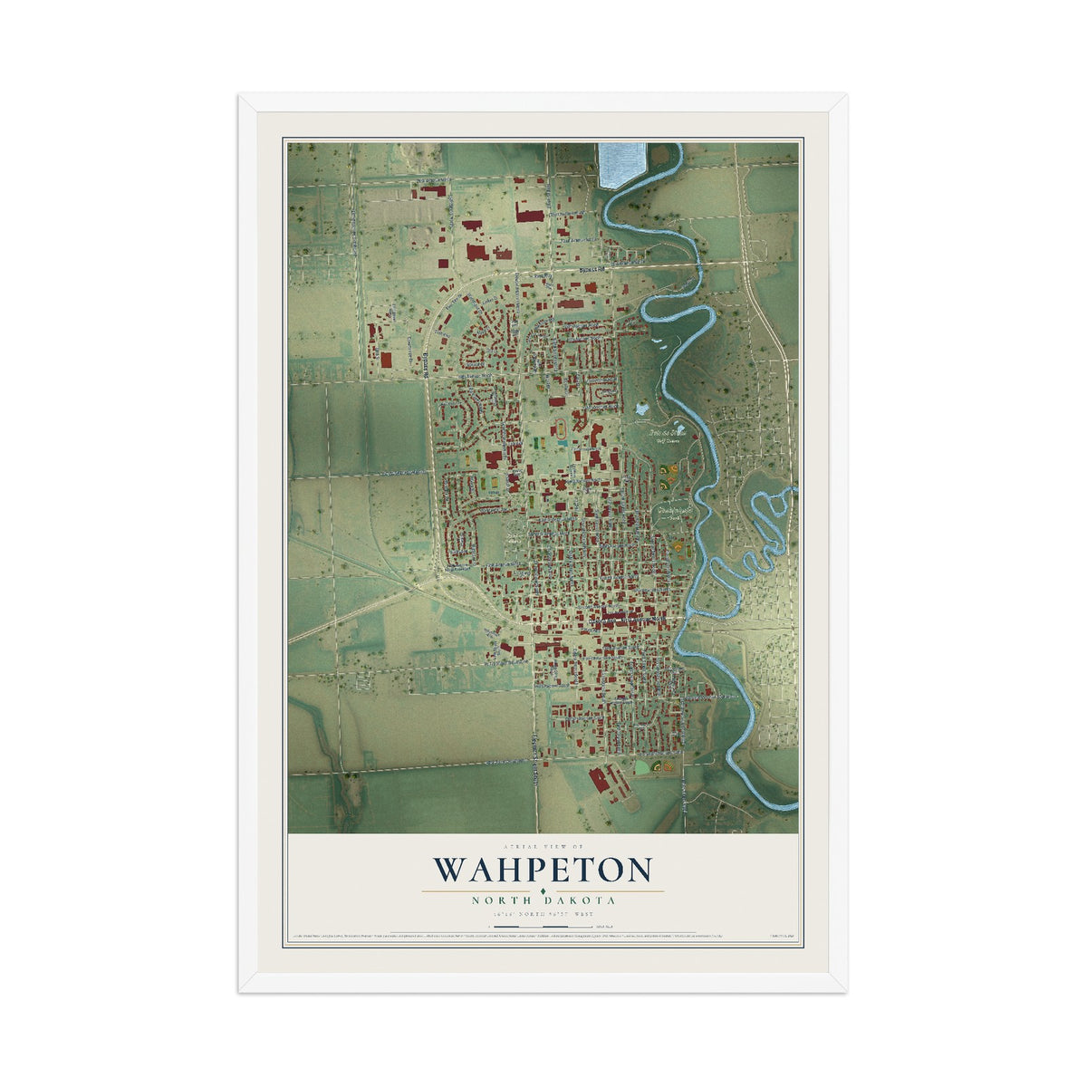 Map of Wahpeton, North Dakota, 12 x 18 inch print in a white wood frame