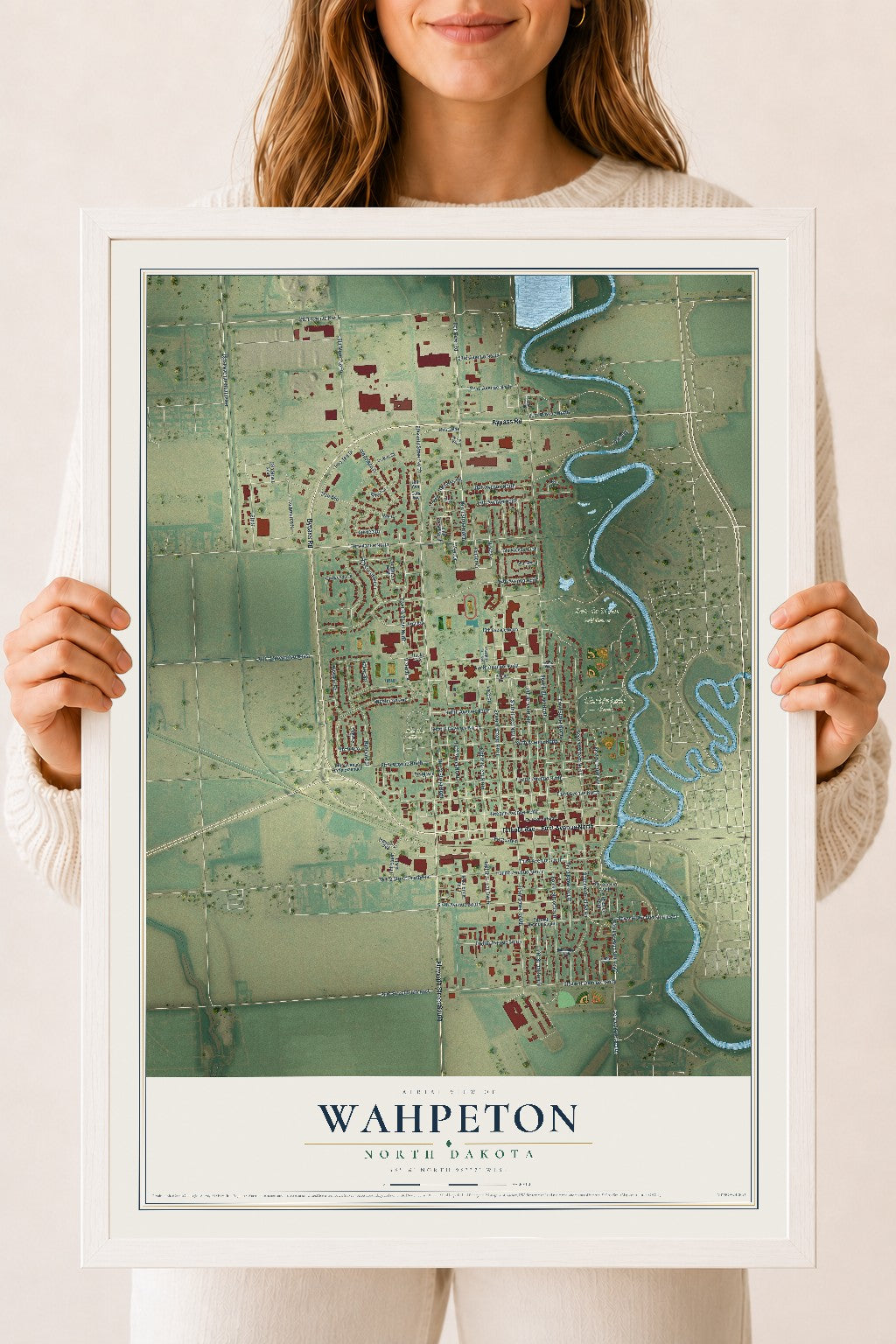 Map of Wahpeton, North Dakota, 18 x 24 inch print in a white wood frame
