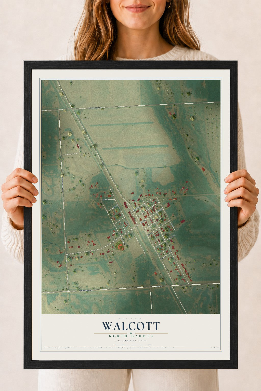 Map of Walcott, North Dakota, 18 x 24 inch print in a black wood frame