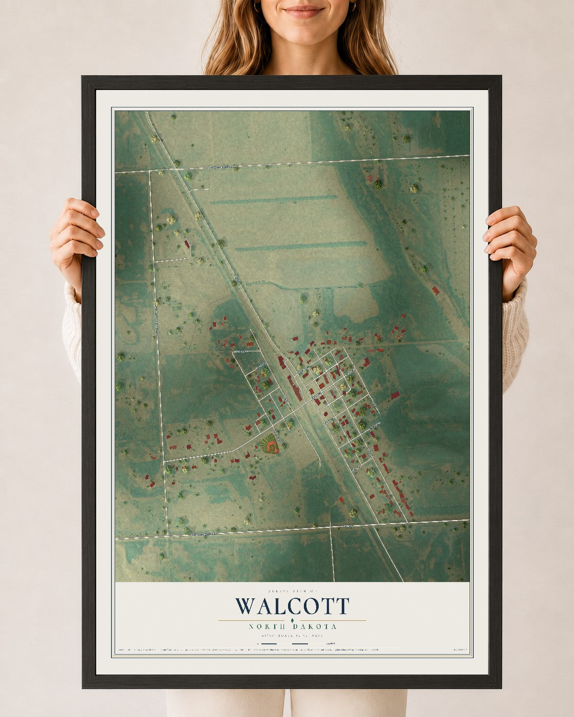 Map of Walcott, North Dakota, 24 x 36 inch print in a black wood frame