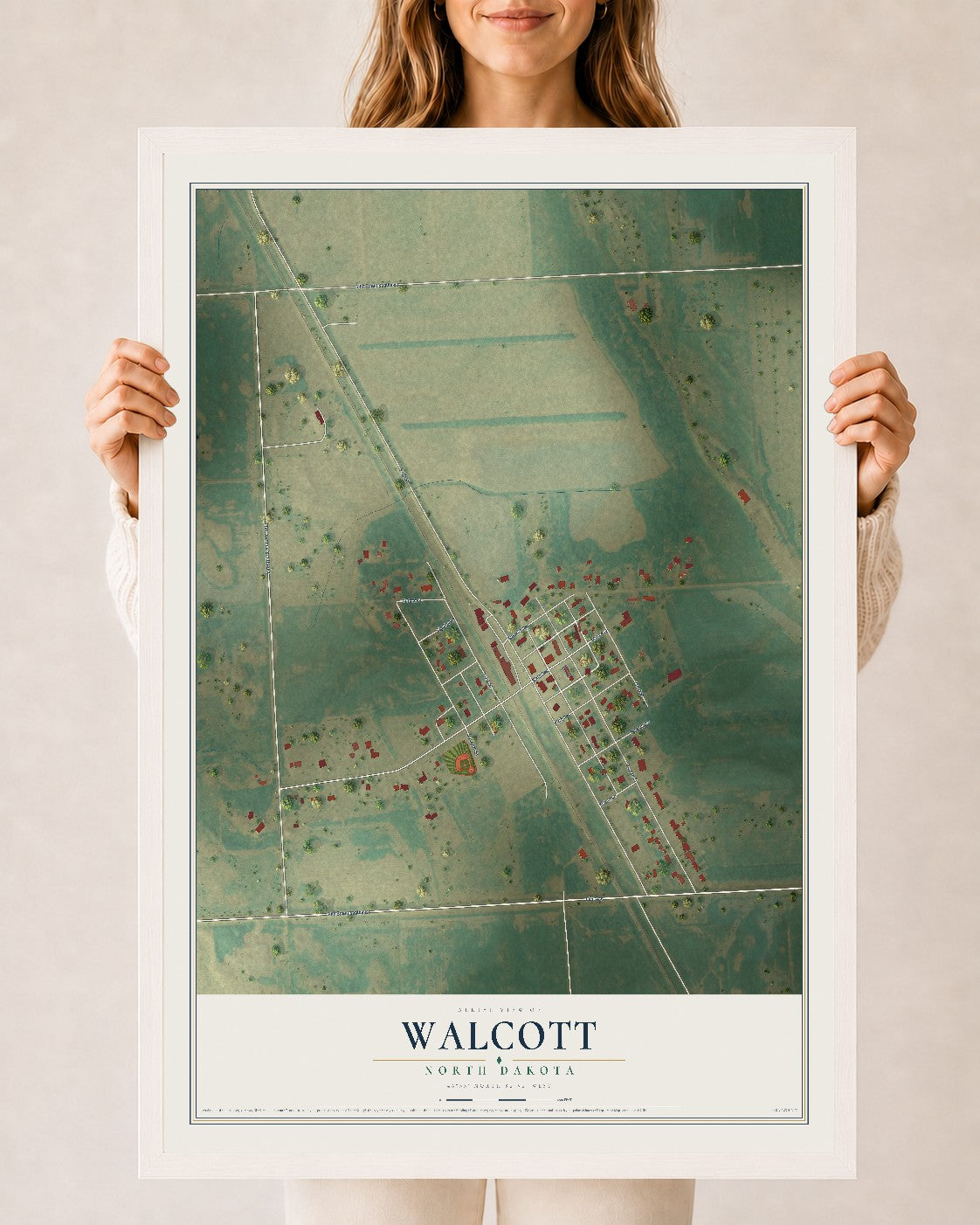 Map of Walcott, North Dakota, 24 x 36 inch print in a white wood frame