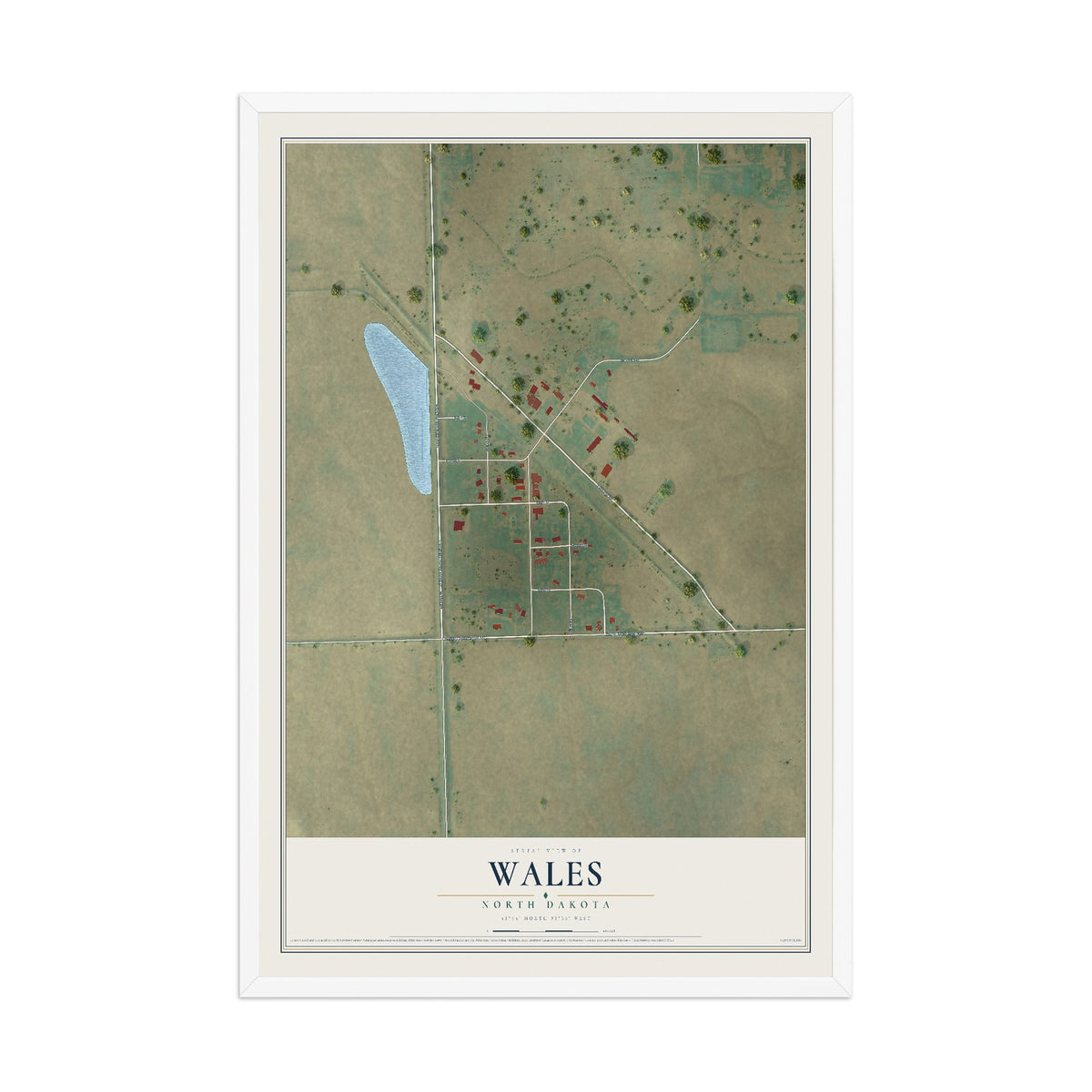 Map of Wales, North Dakota, 12 x 18 inch print in a white wood frame