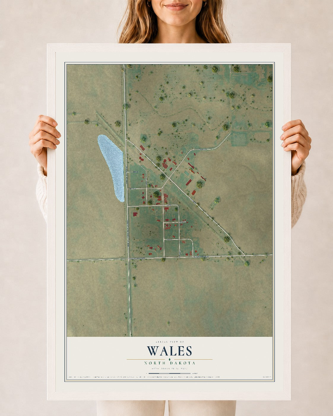 Map of Wales, North Dakota, 24 x 36 inch print in a white wood frame