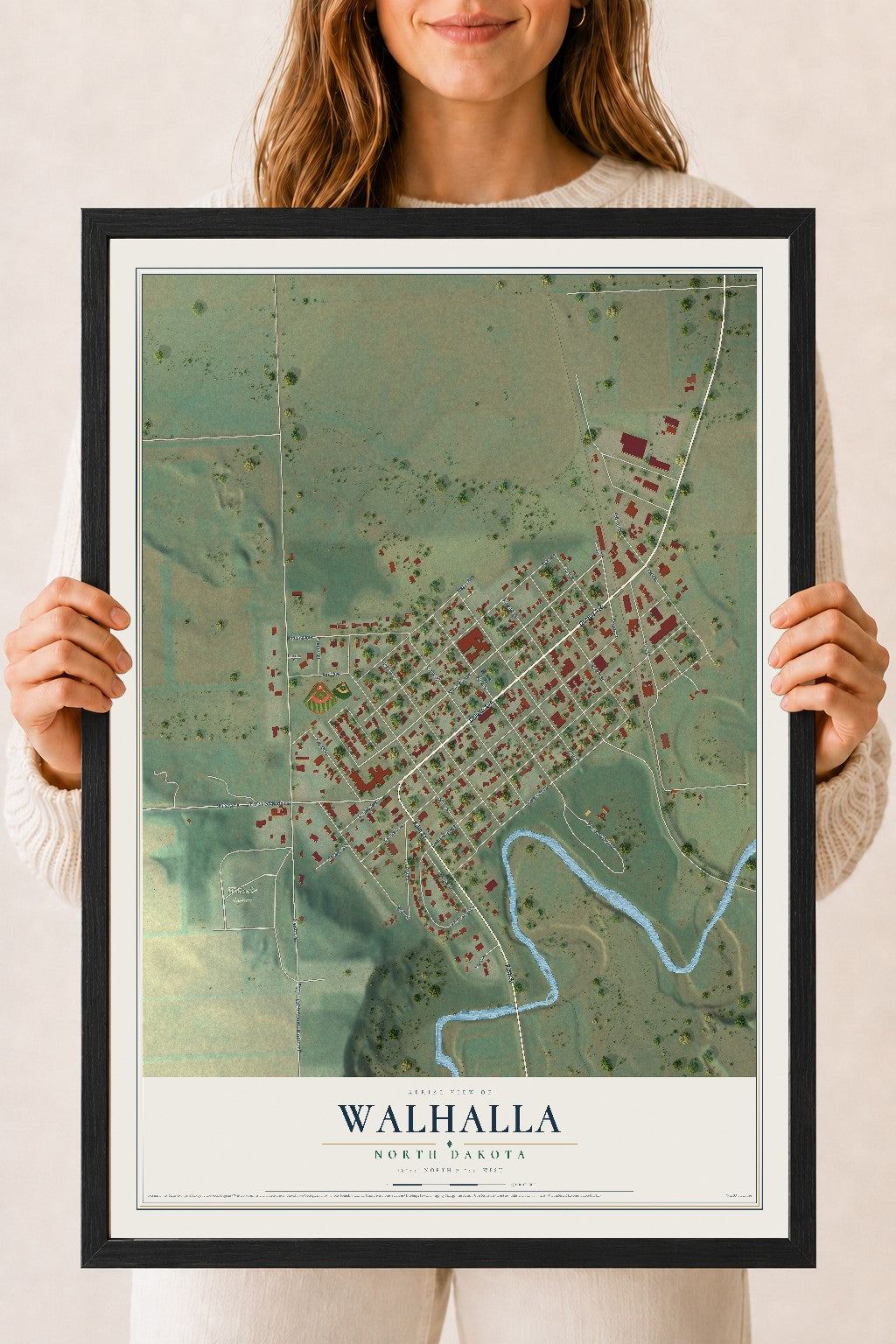 Map of Walhalla, North Dakota, 18 x 24 inch print in a black wood frame