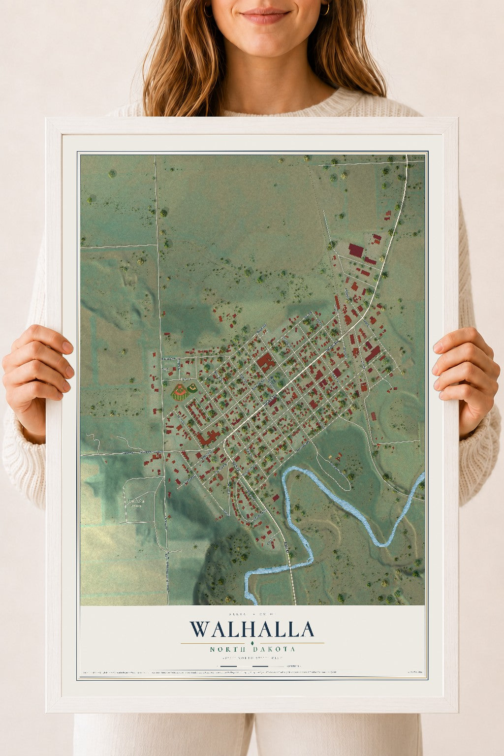 Map of Walhalla, North Dakota, 18 x 24 inch print in a white wood frame