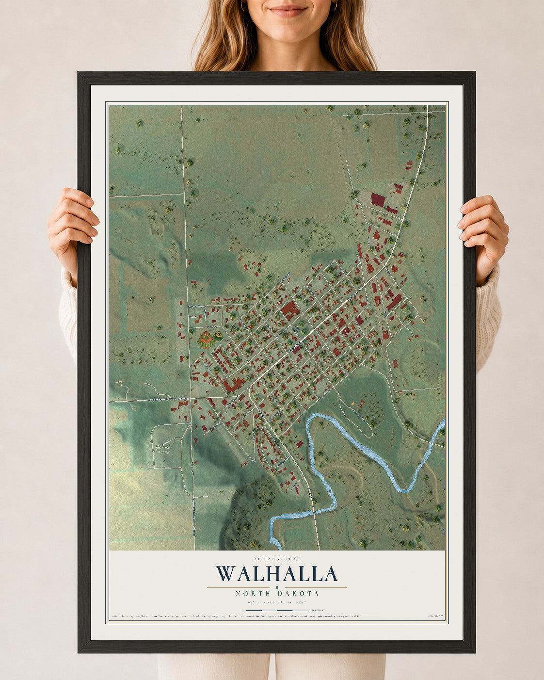 Map of Walhalla, North Dakota, 24 x 36 inch print in a black wood frame