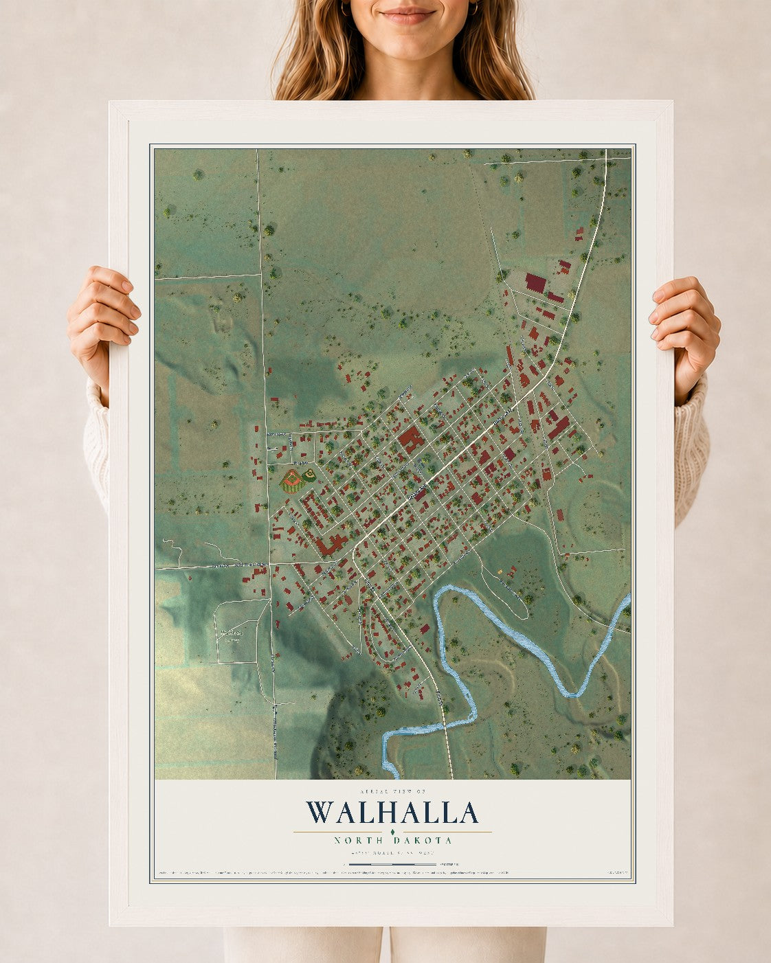 Map of Walhalla, North Dakota, 24 x 36 inch print in a white wood frame