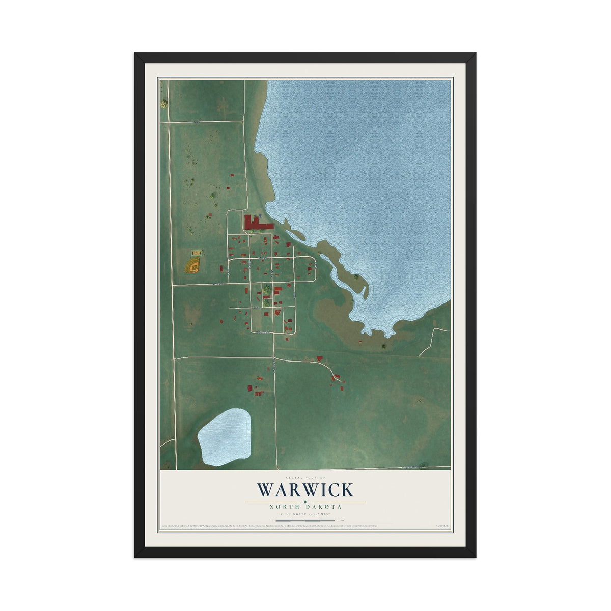 Map of Warwick, North Dakota, 12 x 18 inch print in a black wood frame