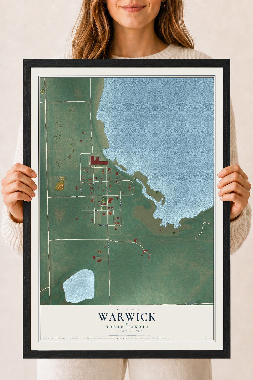 Map of Warwick, North Dakota, 18 x 24 inch print in a black wood frame
