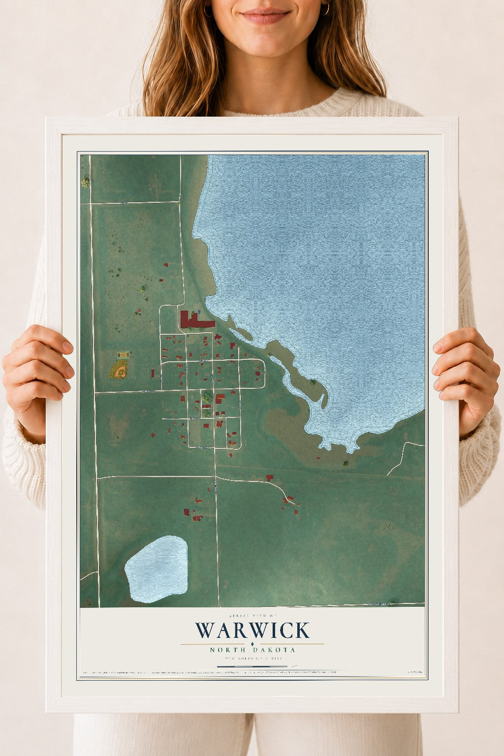 Map of Warwick, North Dakota, 18 x 24 inch print in a white wood frame