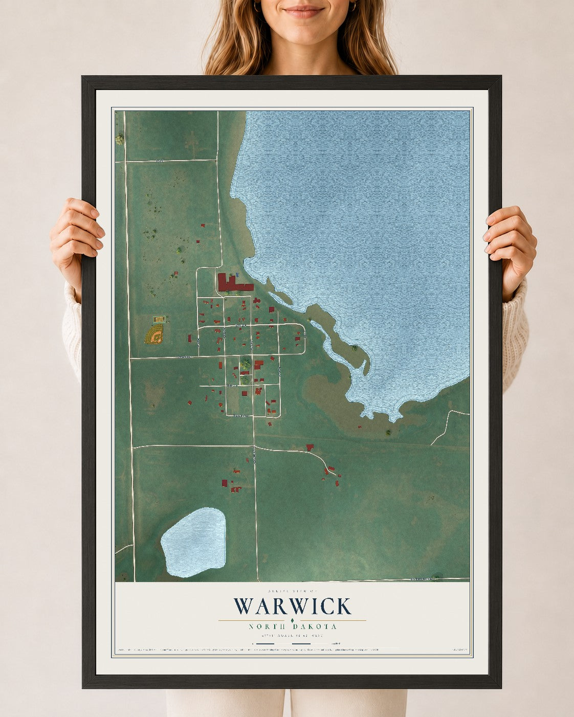 Map of Warwick, North Dakota, 24 x 36 inch print in a black wood frame