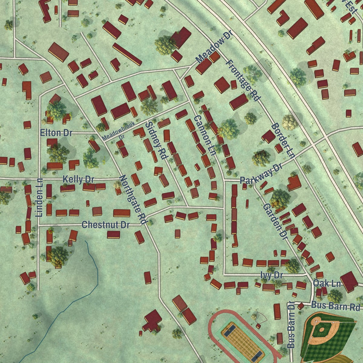 Close-up of the map of Washburn, North Dakota print showing street and building detail