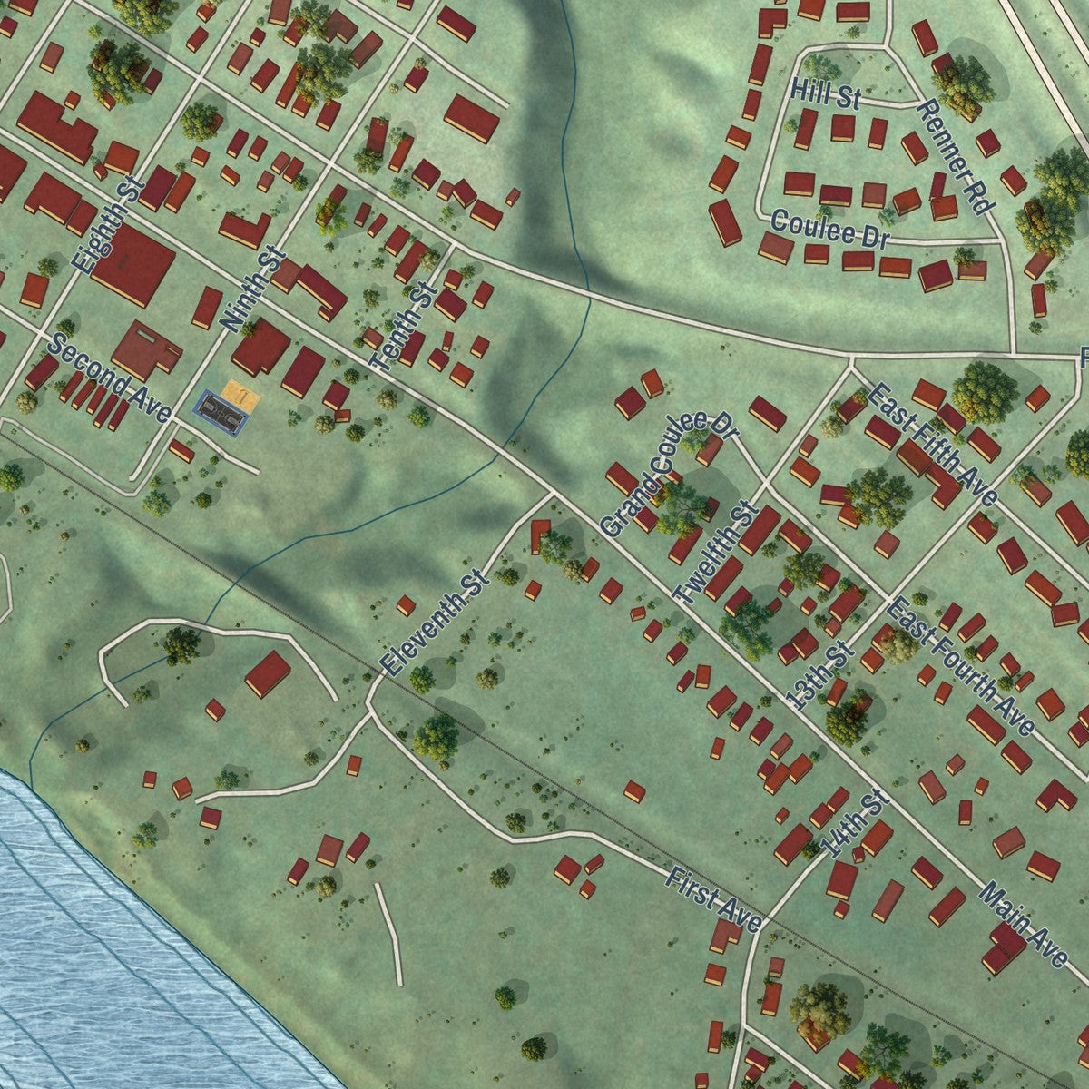 Second close-up of the map of Washburn, North Dakota print showing more streets and buildings