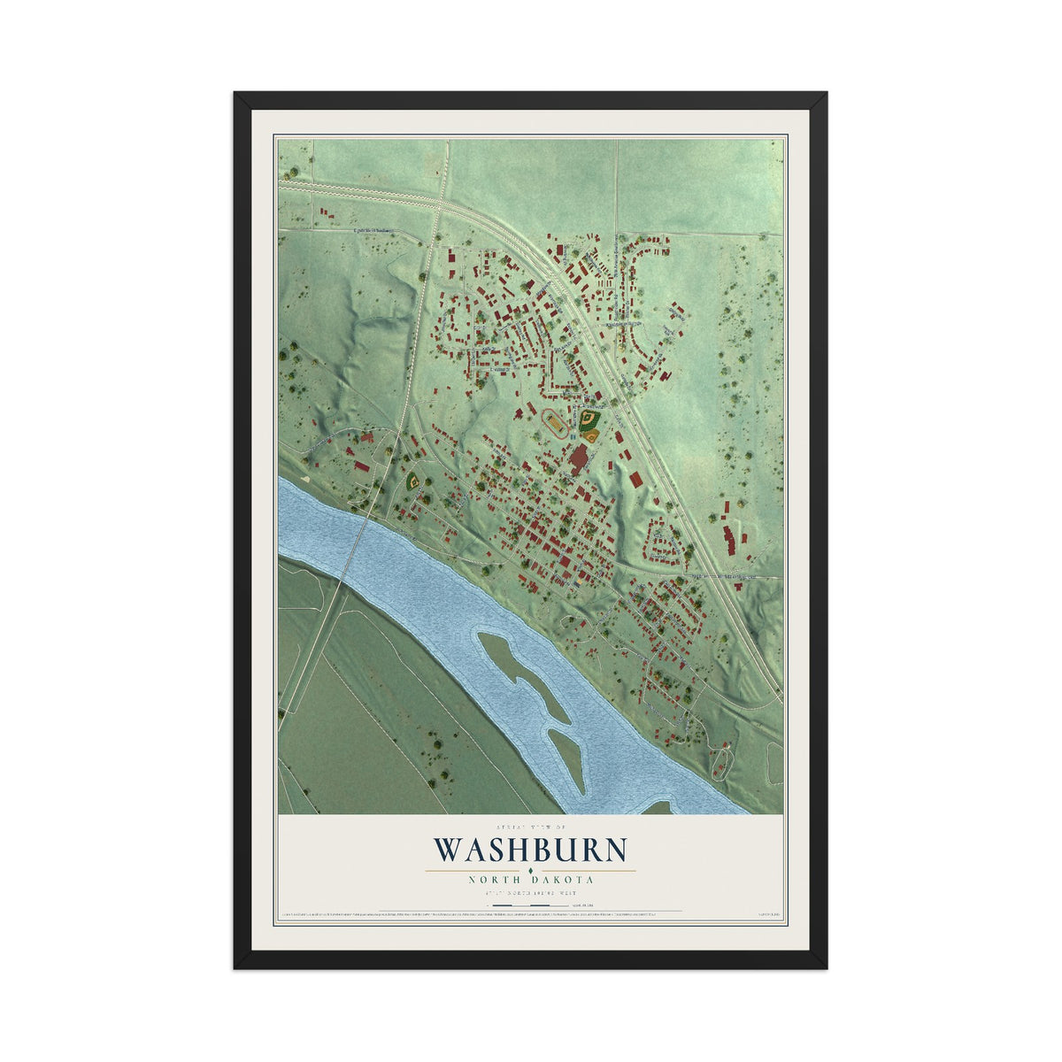 Map of Washburn, North Dakota, 12 x 18 inch print in a black wood frame