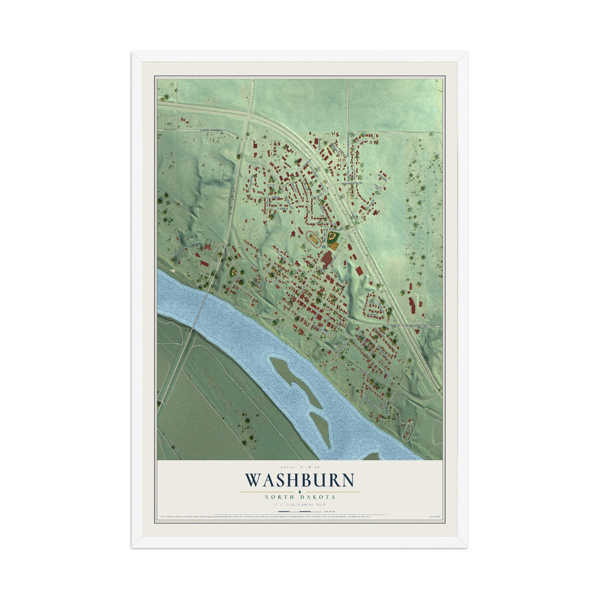 Map of Washburn, North Dakota, 12 x 18 inch print in a white wood frame