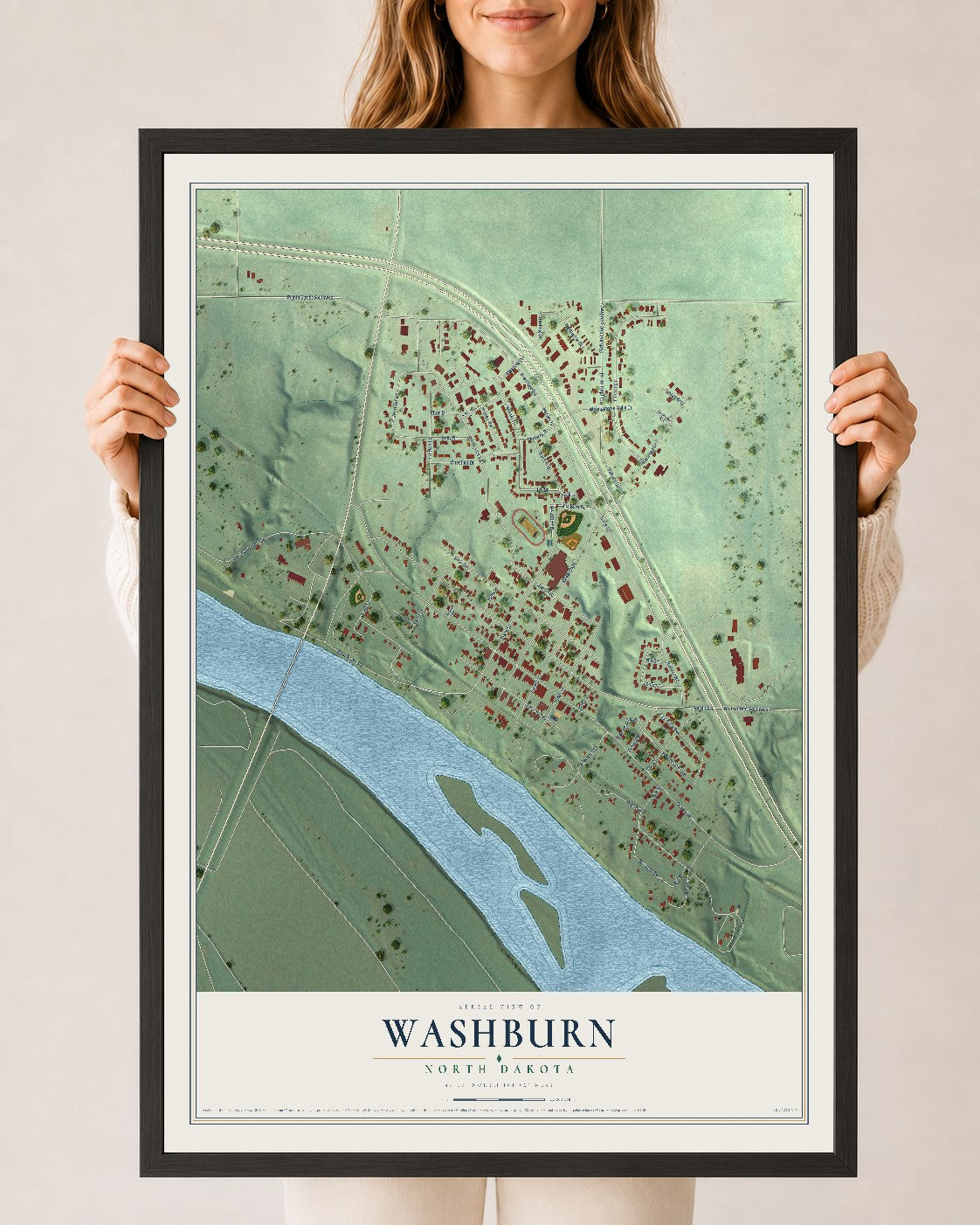 Map of Washburn, North Dakota, 24 x 36 inch print in a black wood frame