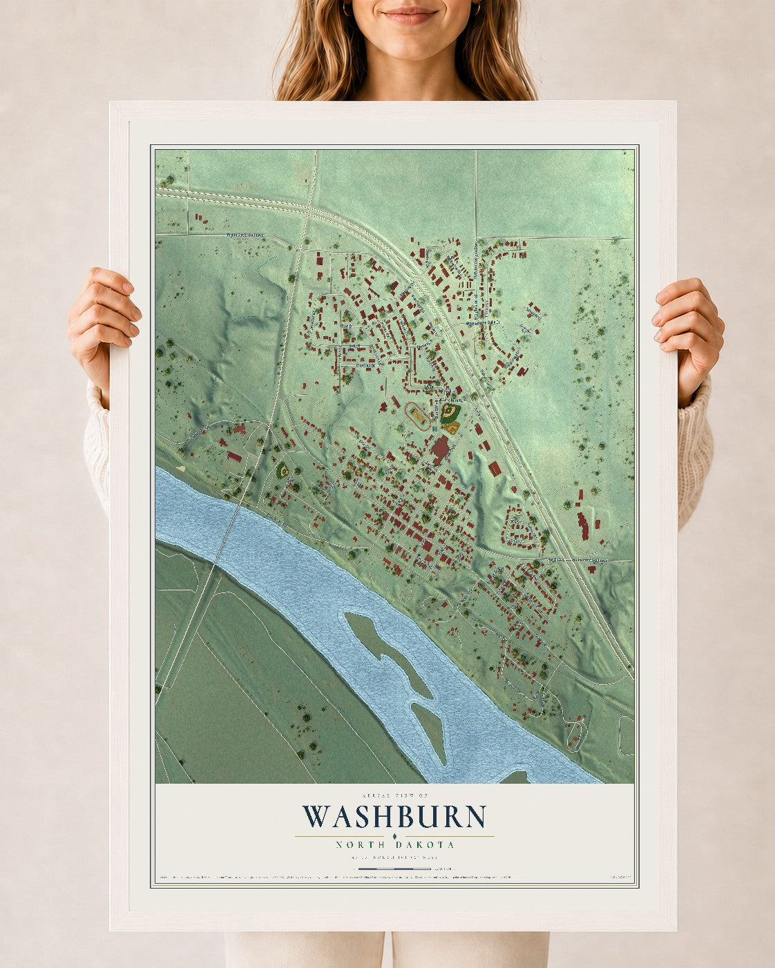 Map of Washburn, North Dakota, 24 x 36 inch print in a white wood frame