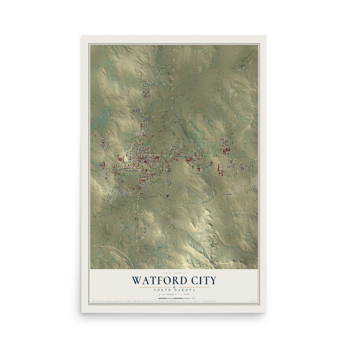 Map of Watford City, North Dakota, 12 x 18 inch unframed archival matte print