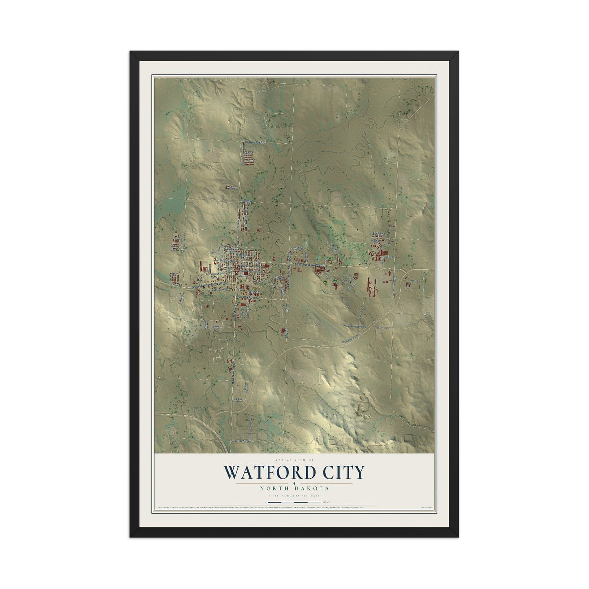 Map of Watford City, North Dakota, 12 x 18 inch print in a black wood frame