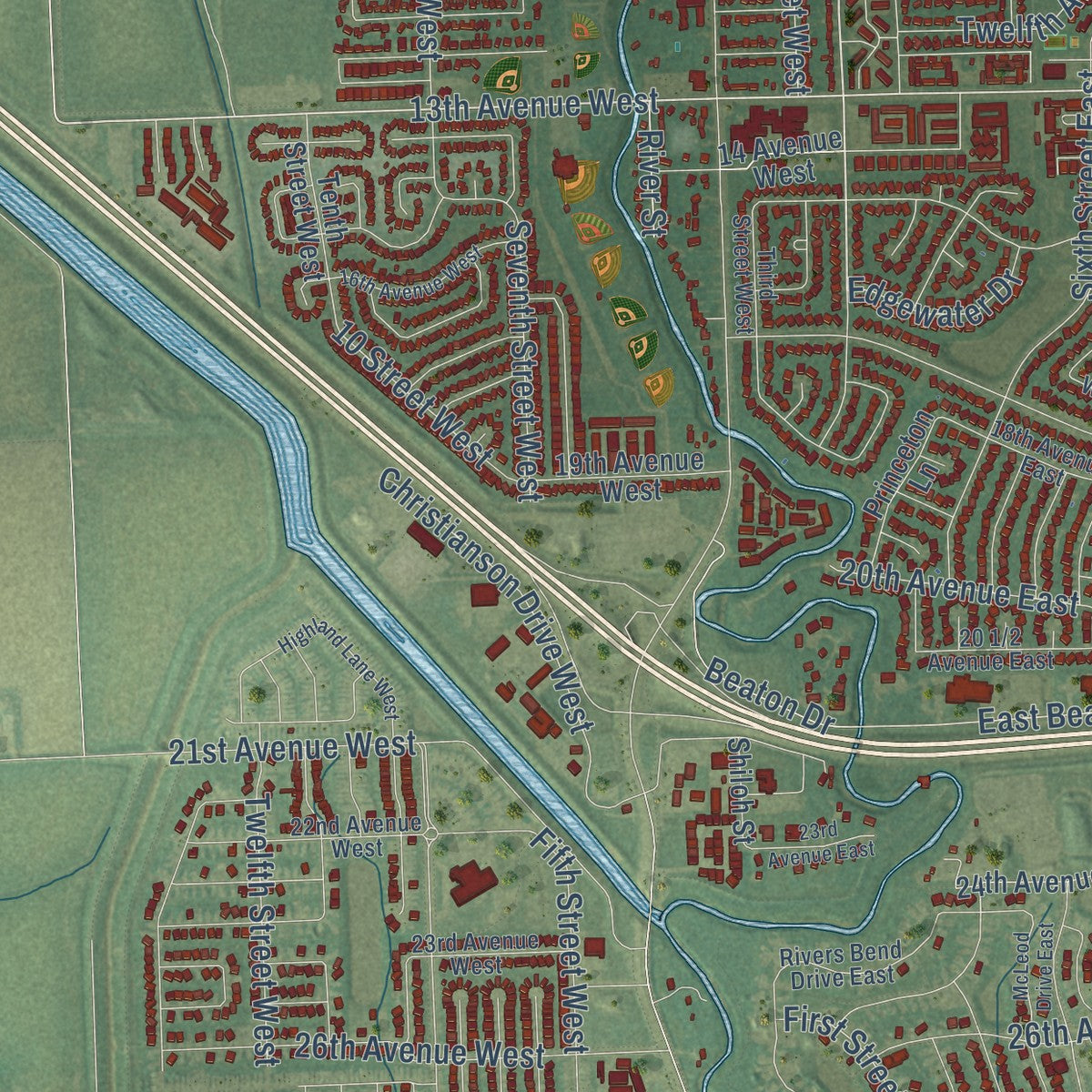 Second close-up of the map of West Fargo, North Dakota print showing more streets and buildings