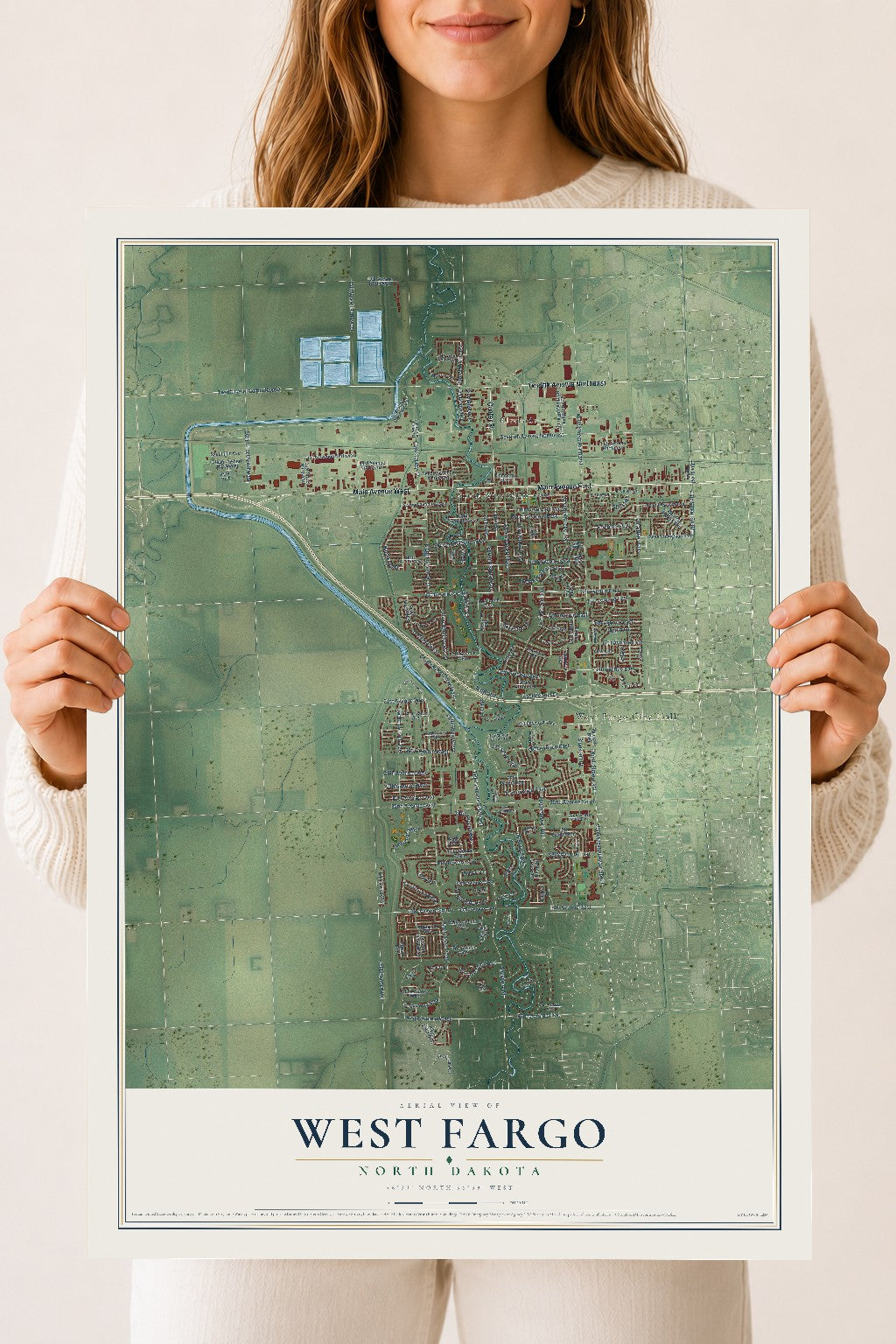 Map of West Fargo, North Dakota, 18 x 24 inch unframed archival matte print