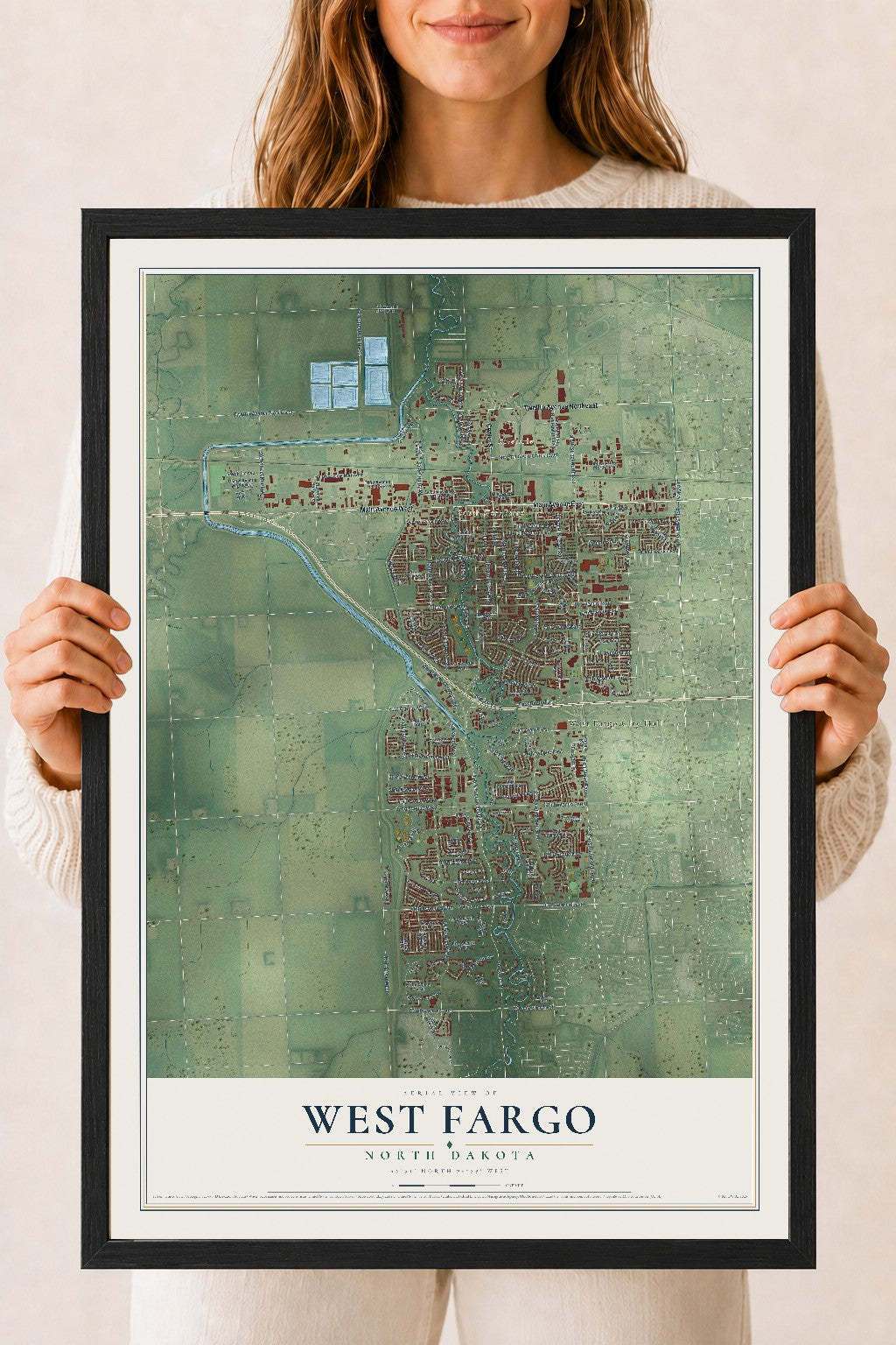 Map of West Fargo, North Dakota, 18 x 24 inch print in a black wood frame
