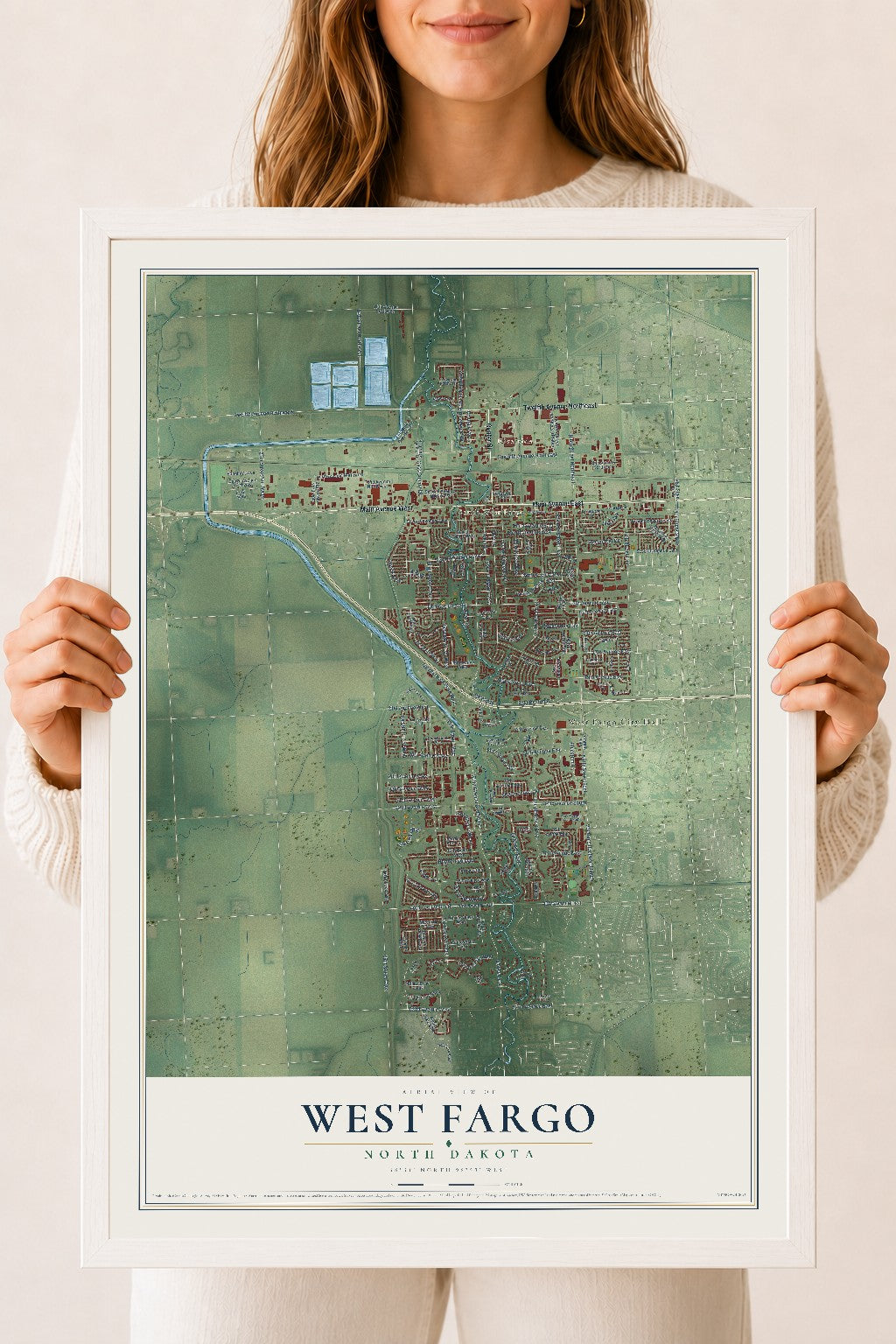 Map of West Fargo, North Dakota, 18 x 24 inch print in a white wood frame